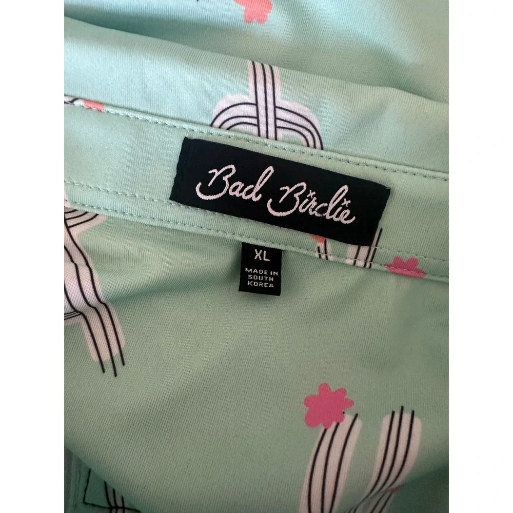 Bad Birdie Mens XL Mint Green Cactus Print‎ Golf Polo Shirt Short Sleeve Stretch